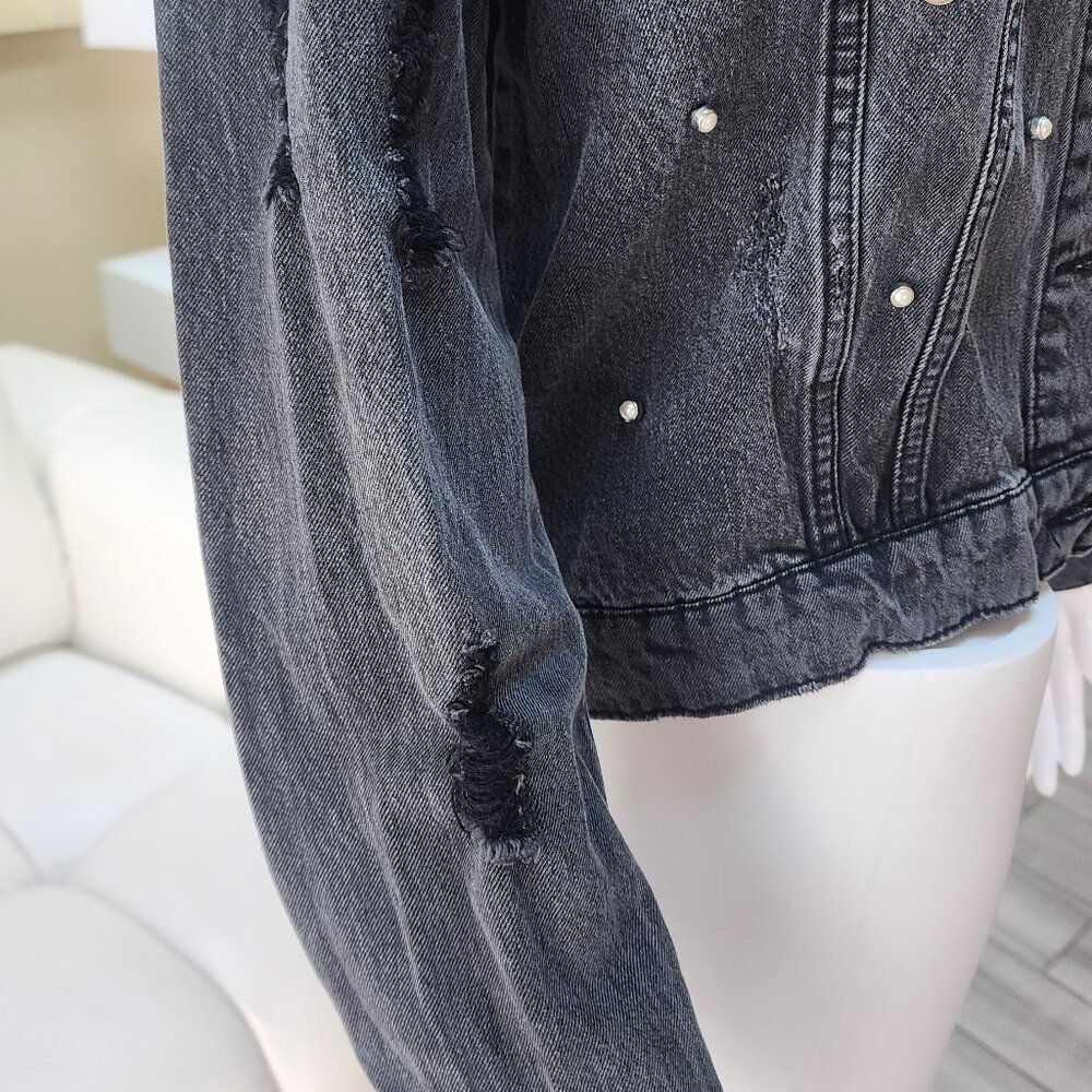 TINSEL Women’s Distressed Black Denim Jacket with Pearl Accents - Size S - Picture 11 of 12